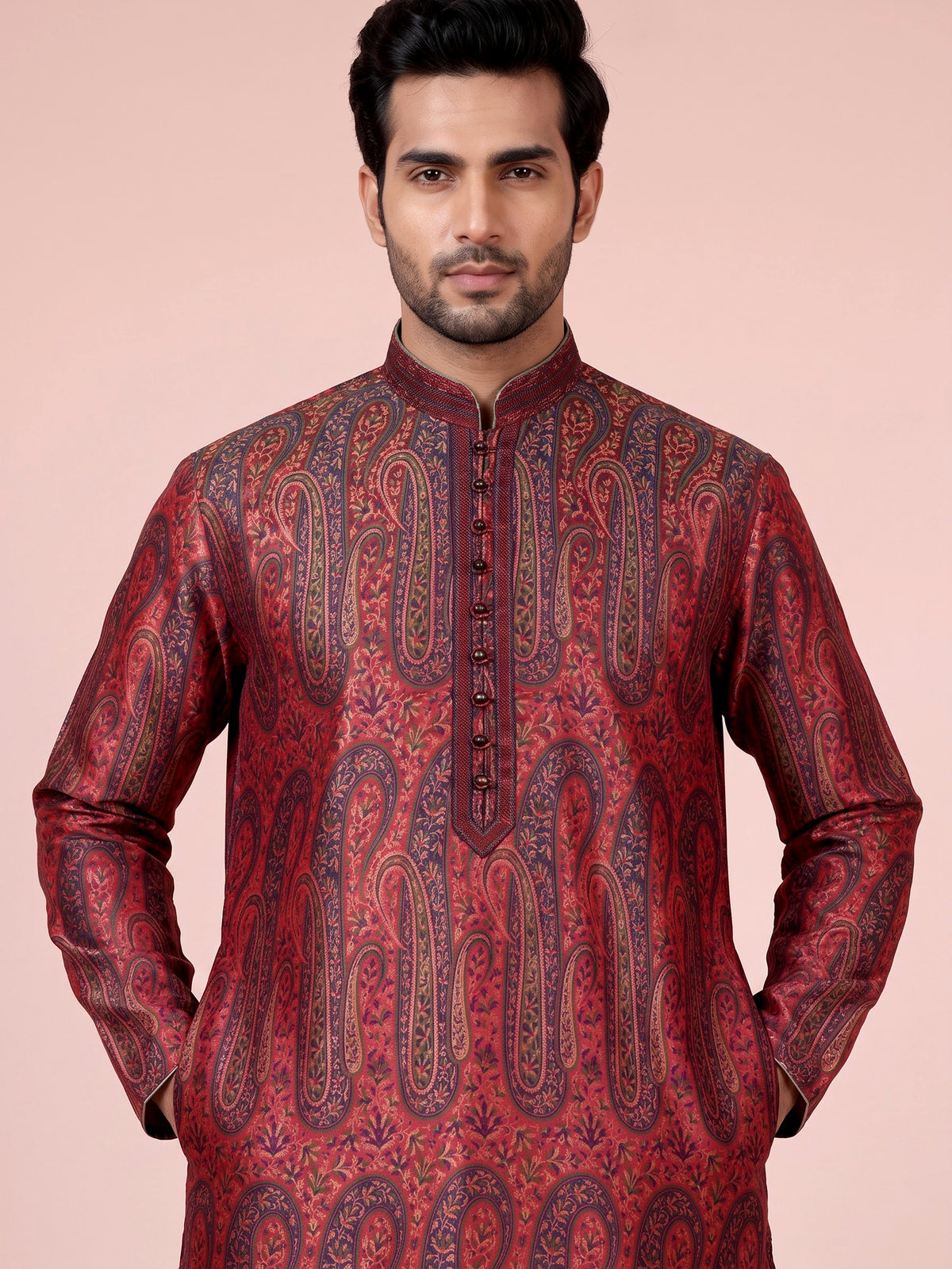 Red zari brocade printed kurta suit with pants for mens