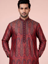 Red zari brocade printed kurta suit with pants for mens