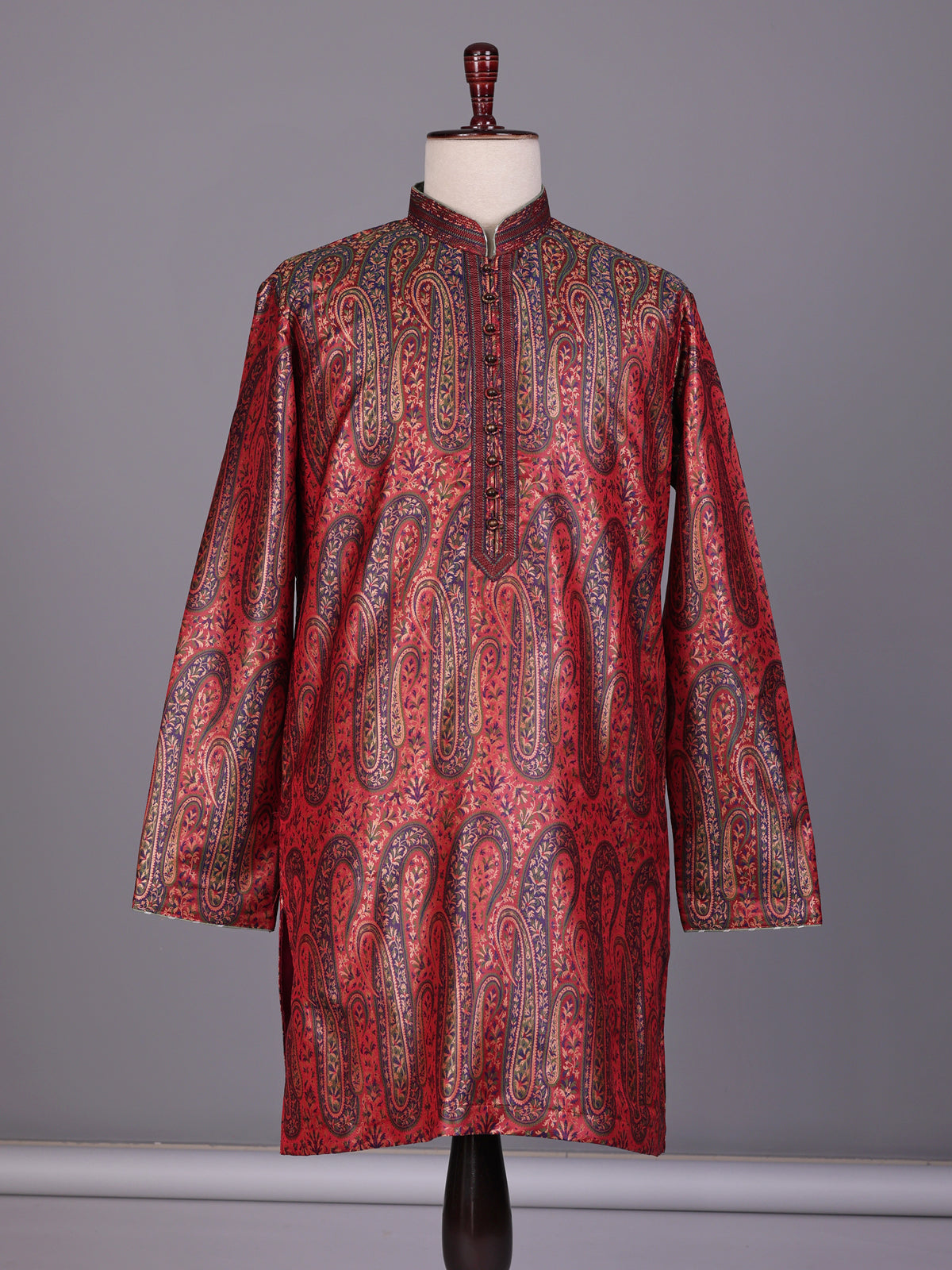 Red zari brocade printed kurta suit with pants for mens