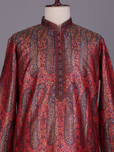 Red zari brocade printed kurta suit with pants for mens