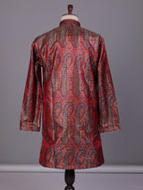 Red zari brocade printed kurta suit with pants for mens