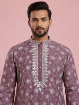 Light wine embroidered aabla kurta suit with dupatta for mens