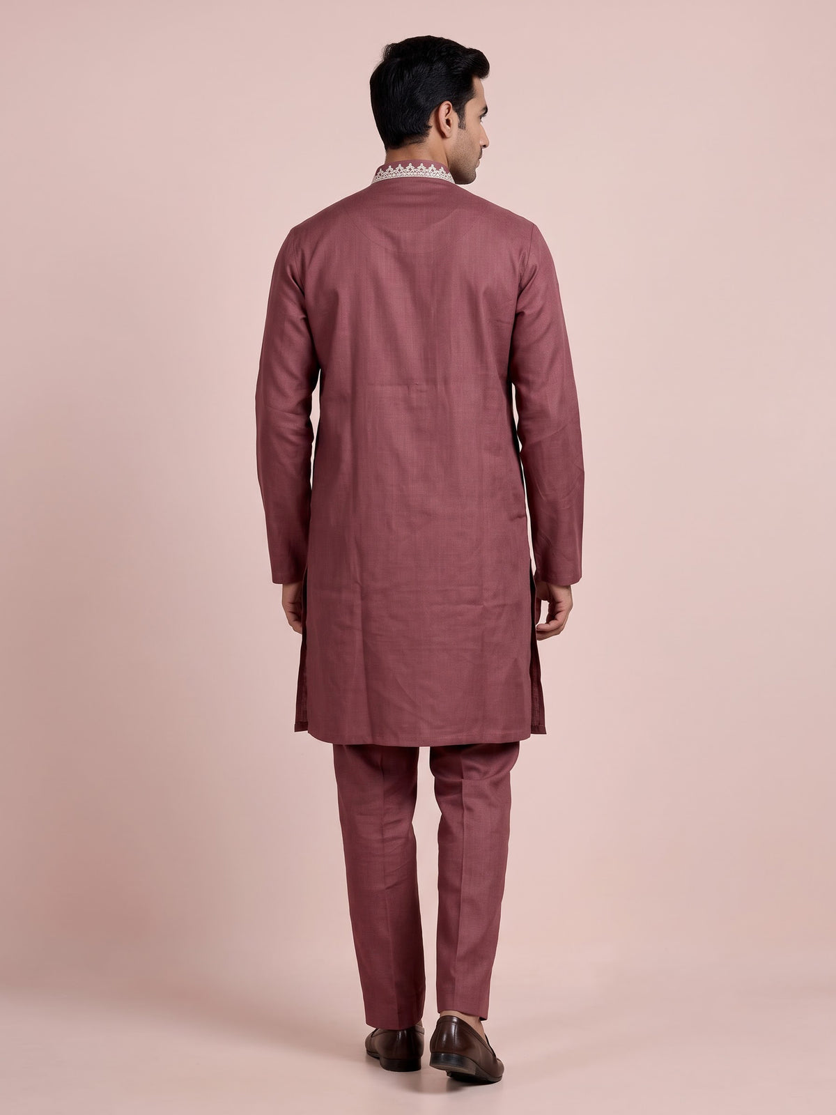 Onion pink thread work kurta suit with pants for mens