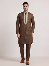 Brown thread detailed cotton silk kurta suit for mens