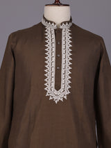 Brown thread detailed cotton silk kurta suit for mens