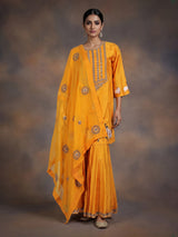 Mustard yellow silk sharara suit with animal motifs and gota work