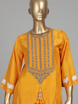 Mustard yellow silk sharara suit with animal motifs and gota work