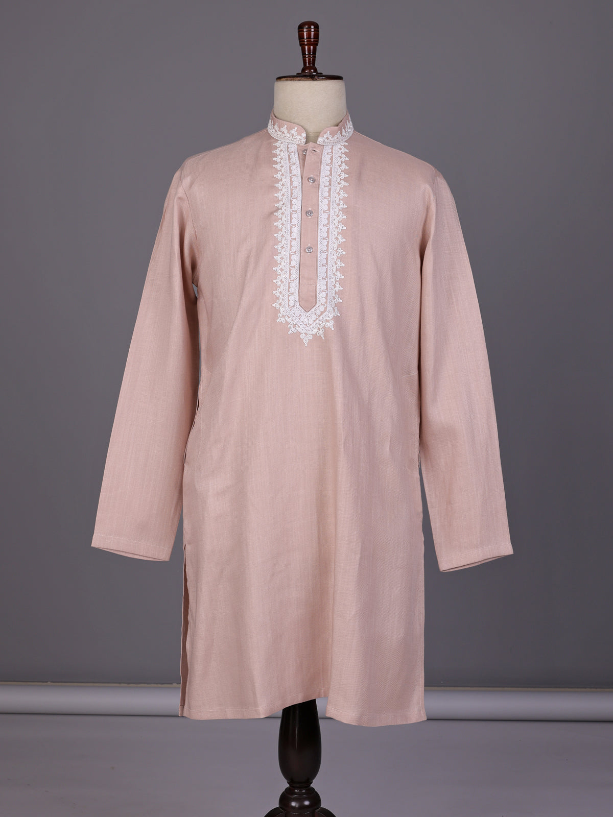 Peach thread embroidered kurta suit with pants for mens weddings