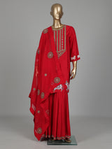 Red silk sharara suit with animal motifs, zardosi and gota detailing