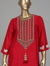 Red silk sharara suit with animal motifs, zardosi and gota detailing