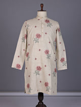 Beige linen chinese collar kurta with thread detailing for mens