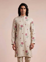 Beige linen chinese collar kurta with thread detailing for mens