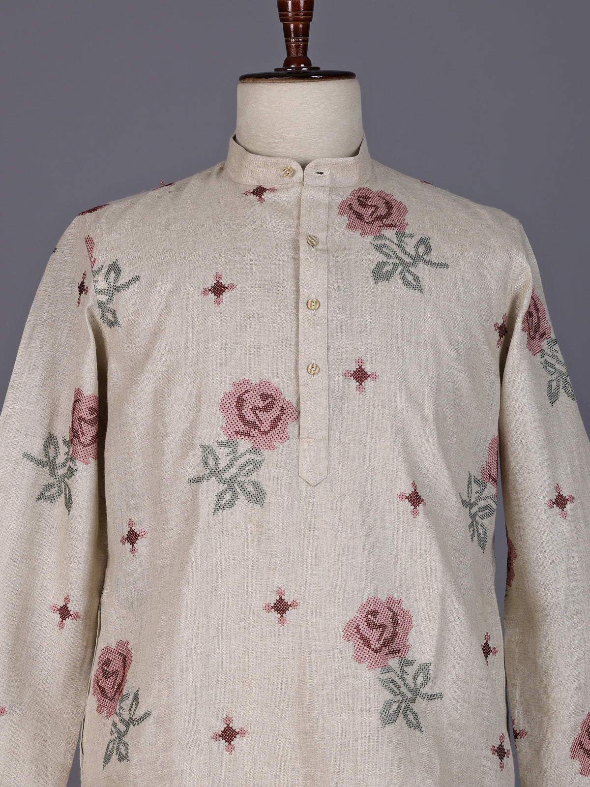 Beige linen chinese collar kurta with thread detailing for mens