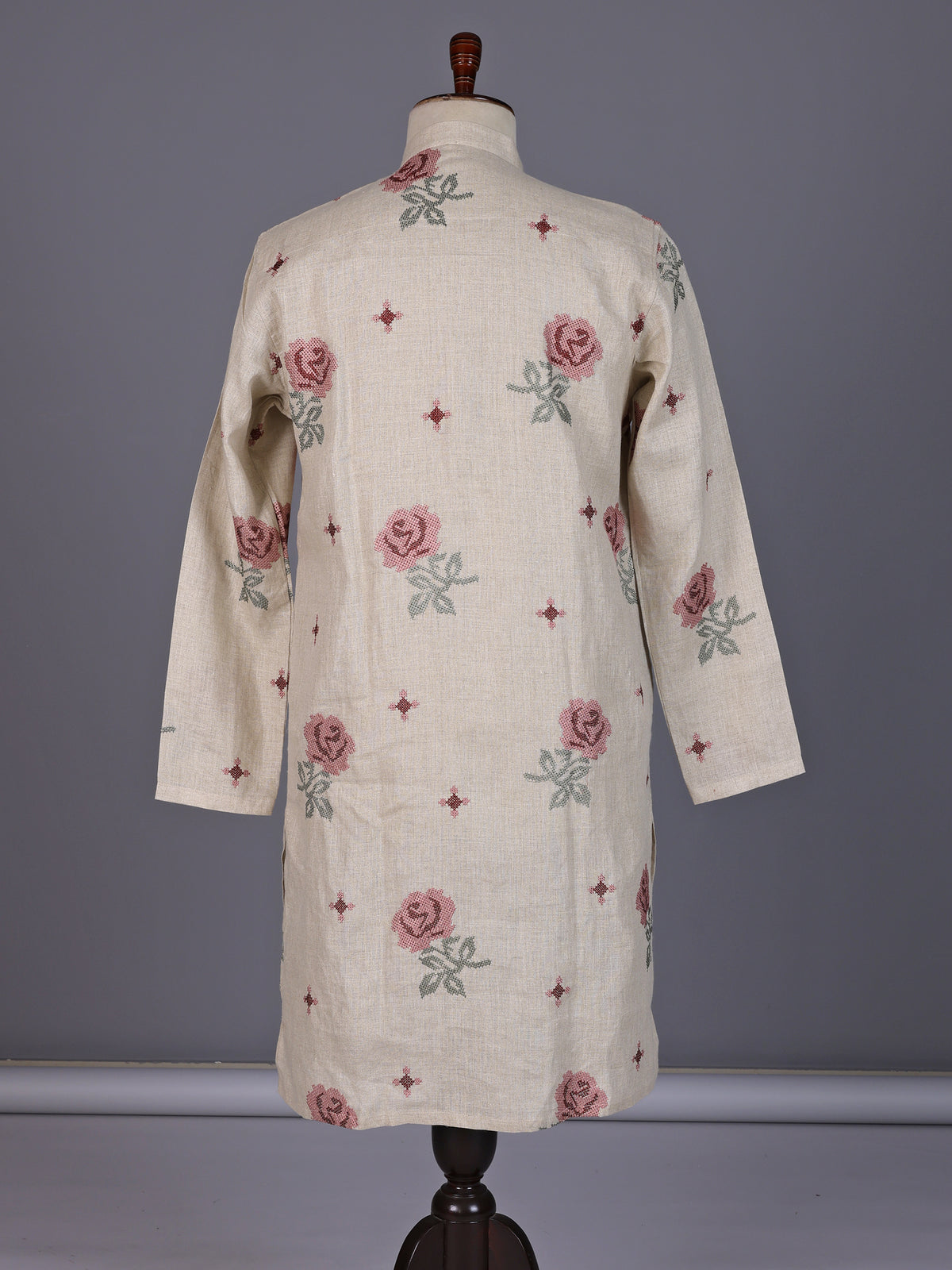 Beige linen chinese collar kurta with thread detailing for mens
