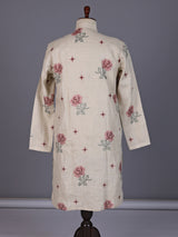 Beige linen chinese collar kurta with thread detailing for mens