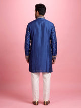 Royal blue silk embroidered kurta suit with mandarin collar