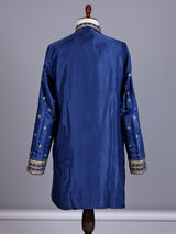 Royal blue silk embroidered kurta suit with mandarin collar