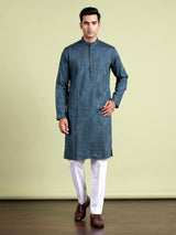 Teal blue printed silk kurta suit with mandarin collar