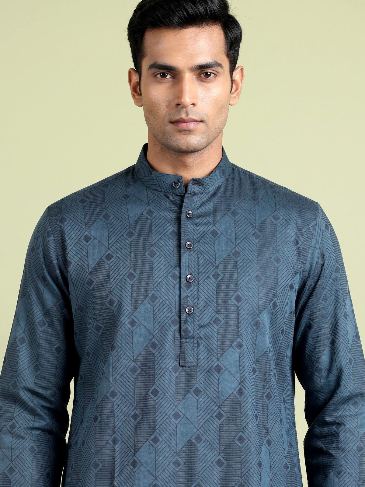 Teal blue printed silk kurta suit with mandarin collar