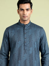 Teal blue printed silk kurta suit with mandarin collar