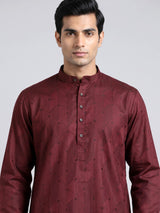 Wine printed silk kurta suit with mandarin collar for mens