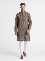 Dark grey cotton silk embroidered kurta suit for mens weddings