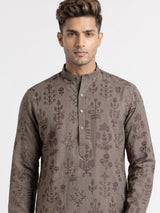 Dark grey cotton silk embroidered kurta suit for mens weddings