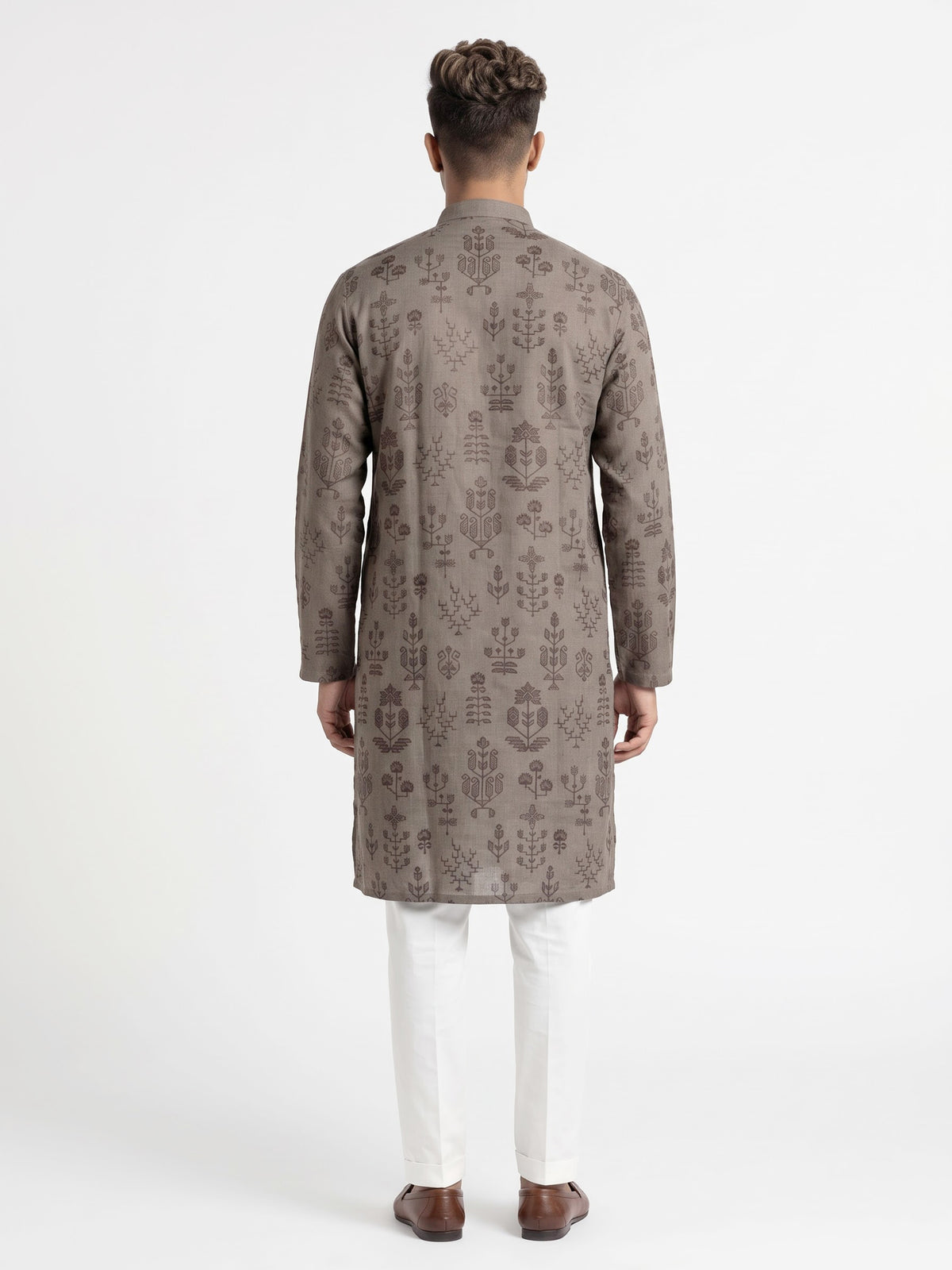 Dark grey cotton silk embroidered kurta suit for mens weddings