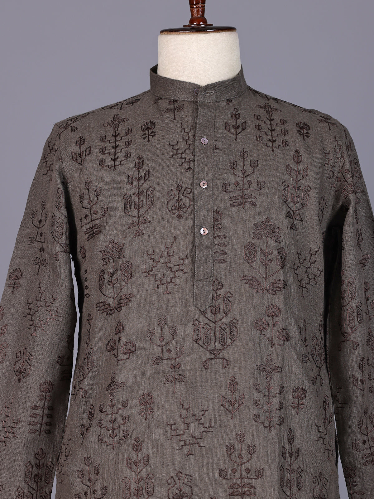 Dark grey cotton silk embroidered kurta suit for mens weddings
