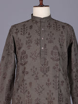 Dark grey cotton silk embroidered kurta suit for mens weddings
