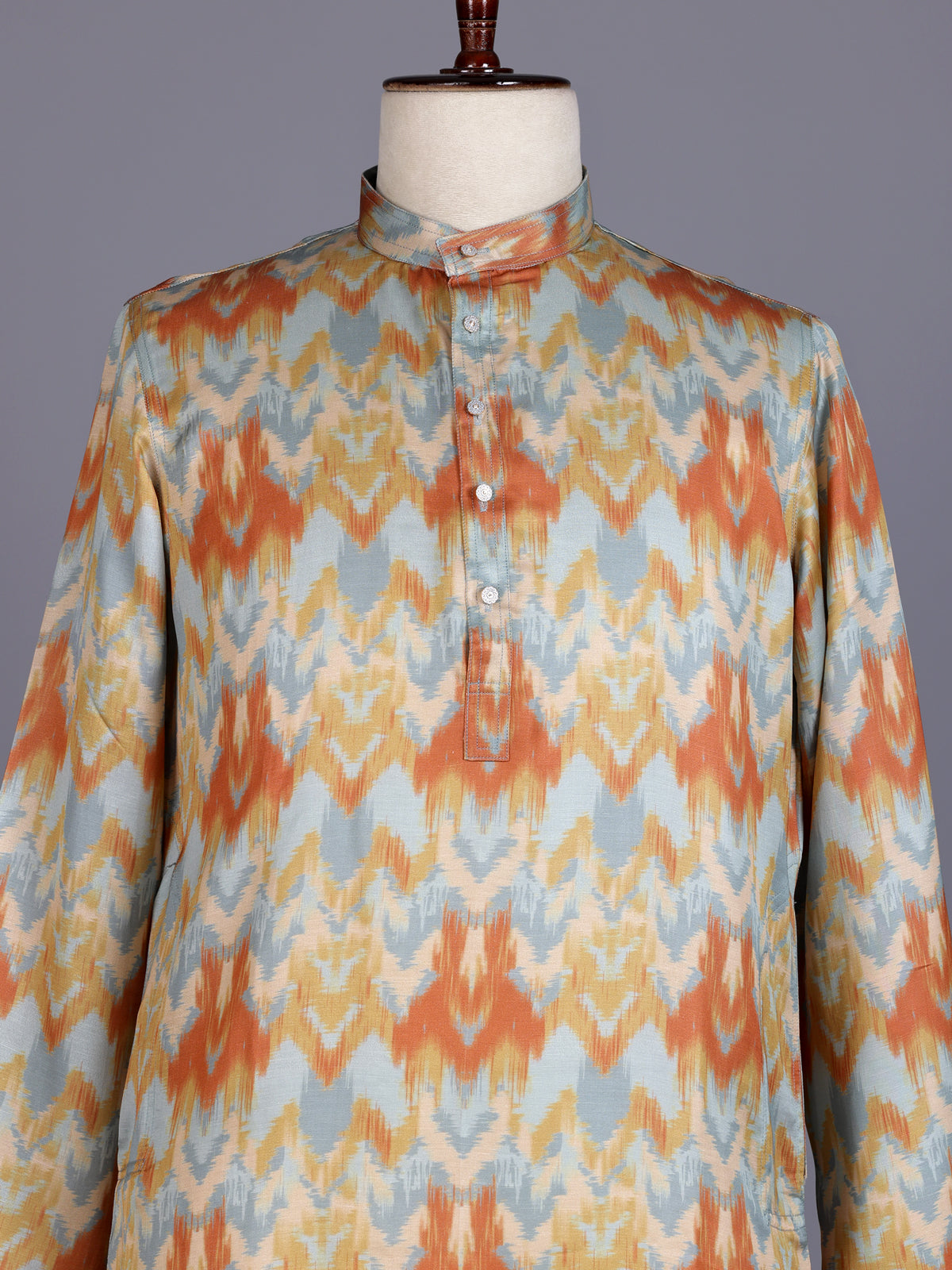 Mint blue printed silk kurta suit with mandarin collar