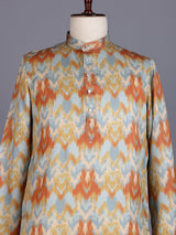 Mint blue printed silk kurta suit with mandarin collar