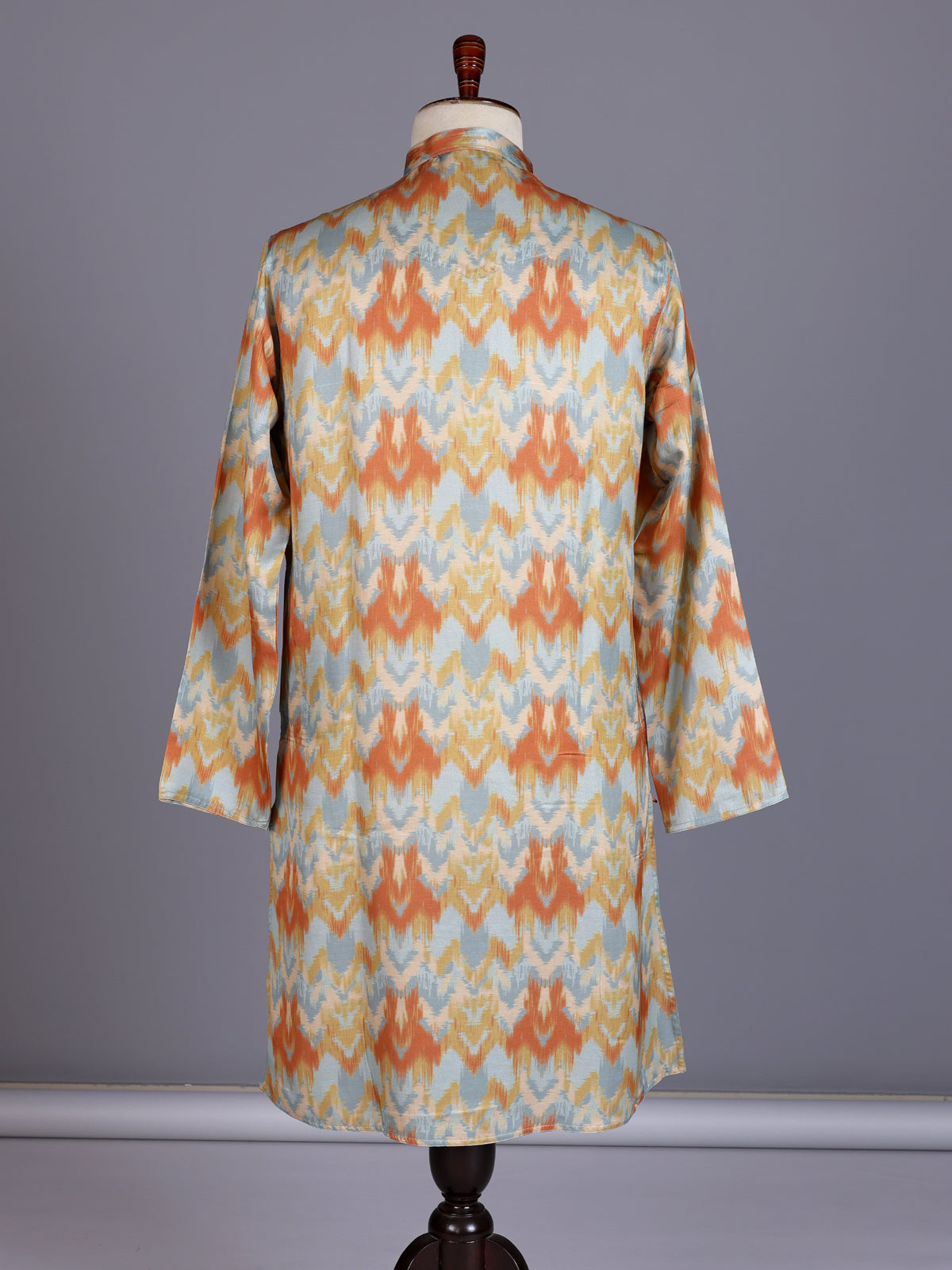 Mint blue printed silk kurta suit with mandarin collar
