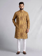 Dark beige printed silk kurta suit with mandarin collar