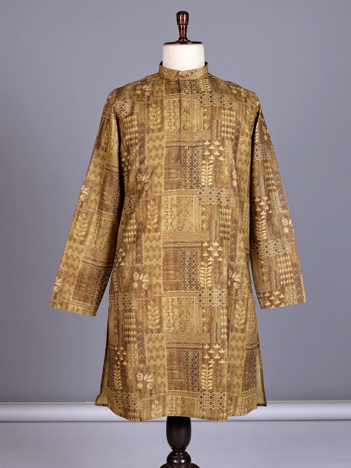 Dark beige printed silk kurta suit with mandarin collar