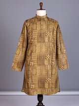 Dark beige printed silk kurta suit with mandarin collar