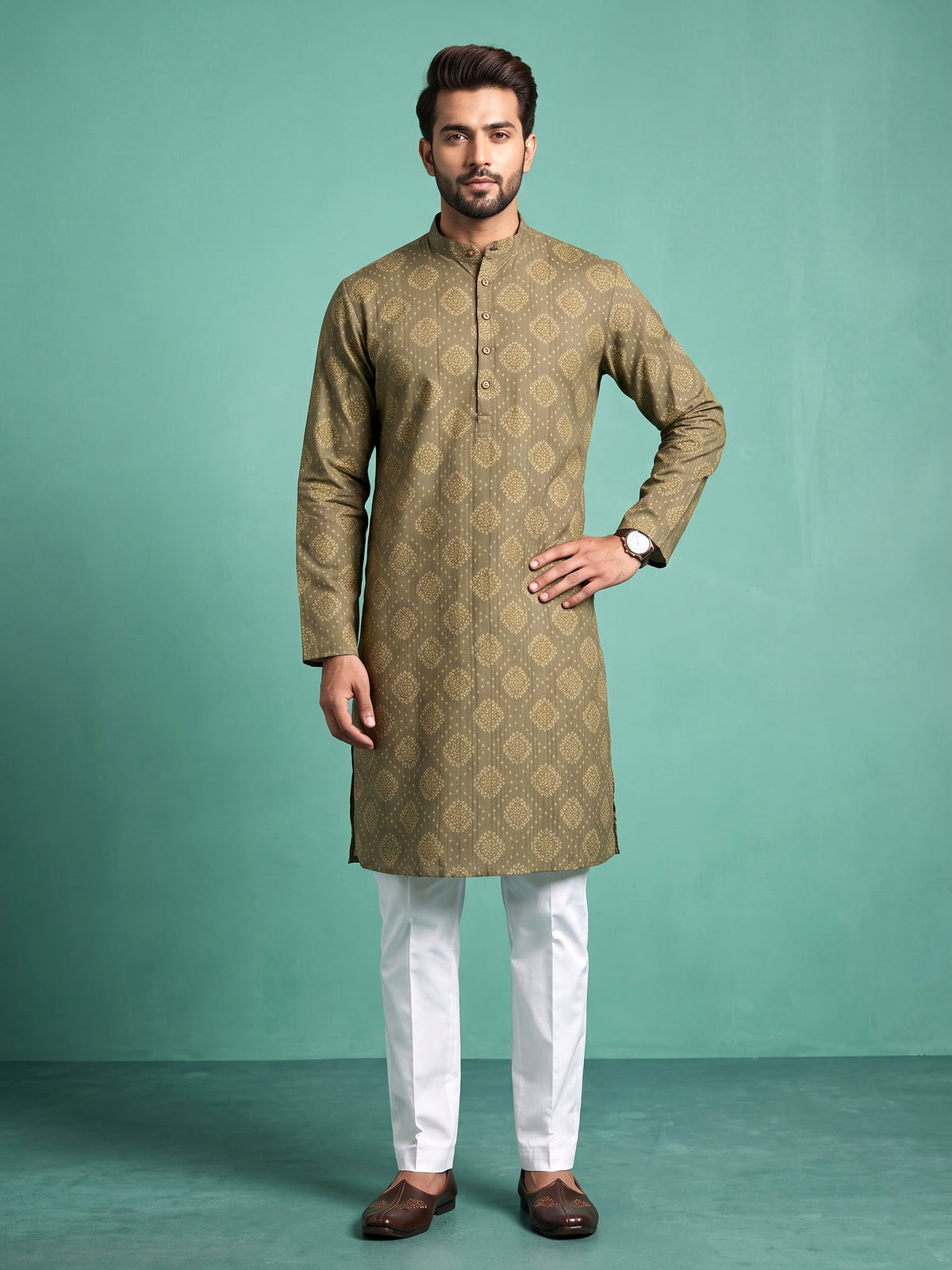 Mehendi green bandhani printed silk kurta suit for mens