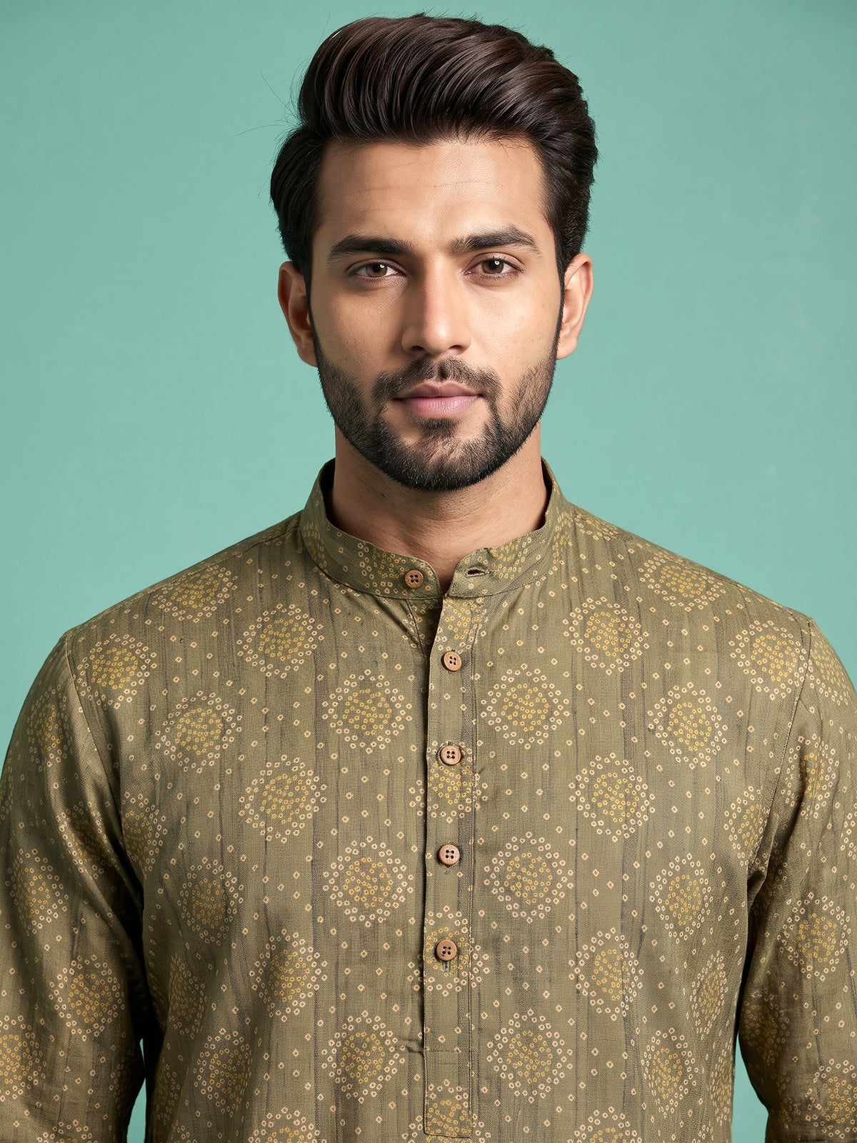Mehendi green bandhani printed silk kurta suit for mens
