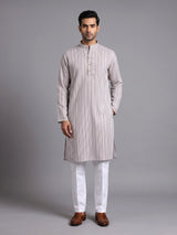 Beige striped cotton silk blend kurta suit with mandarin collar