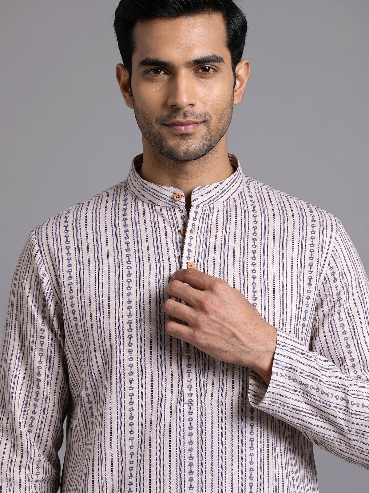 Beige striped cotton silk blend kurta suit with mandarin collar