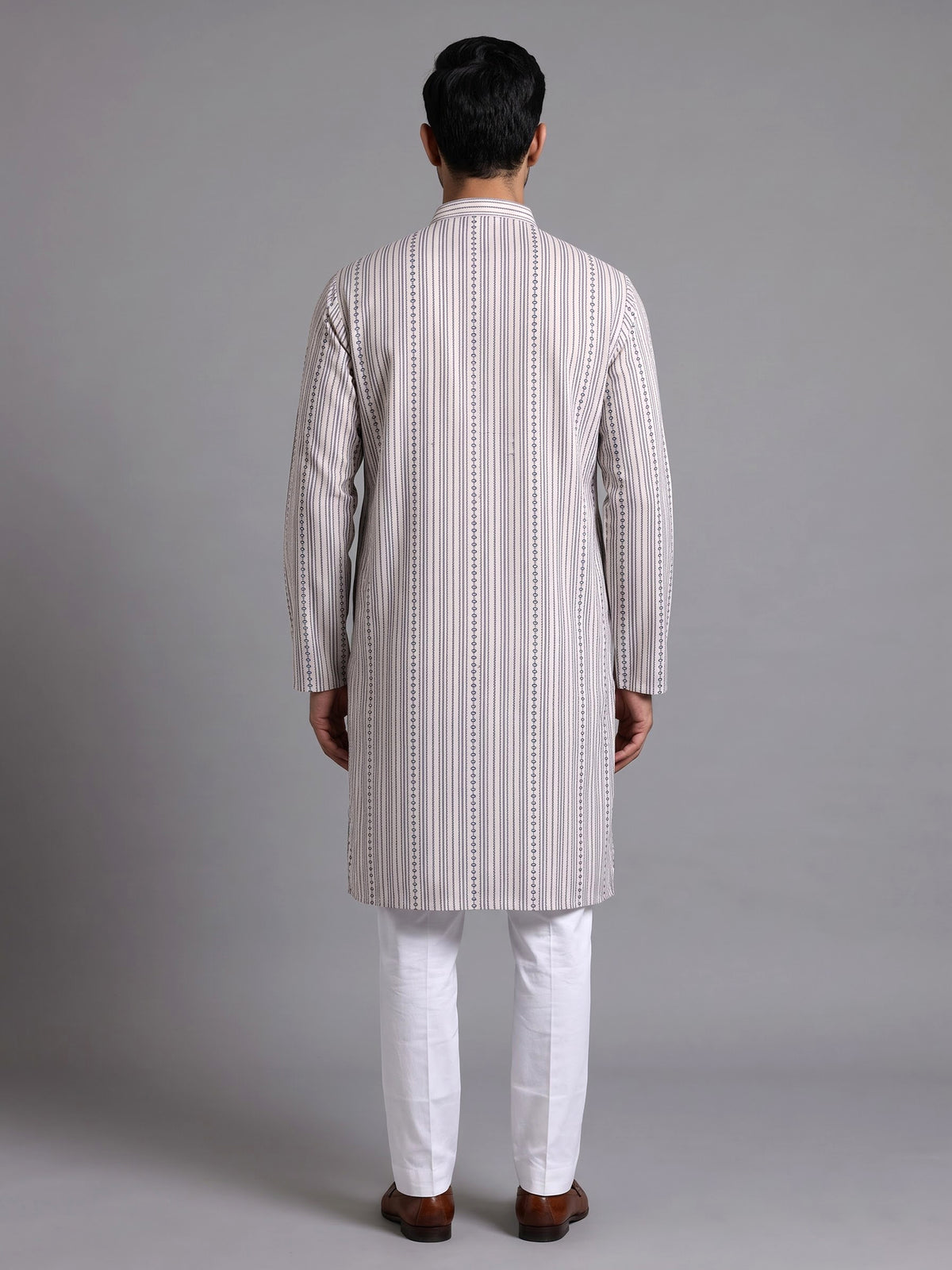 Beige striped cotton silk blend kurta suit with mandarin collar