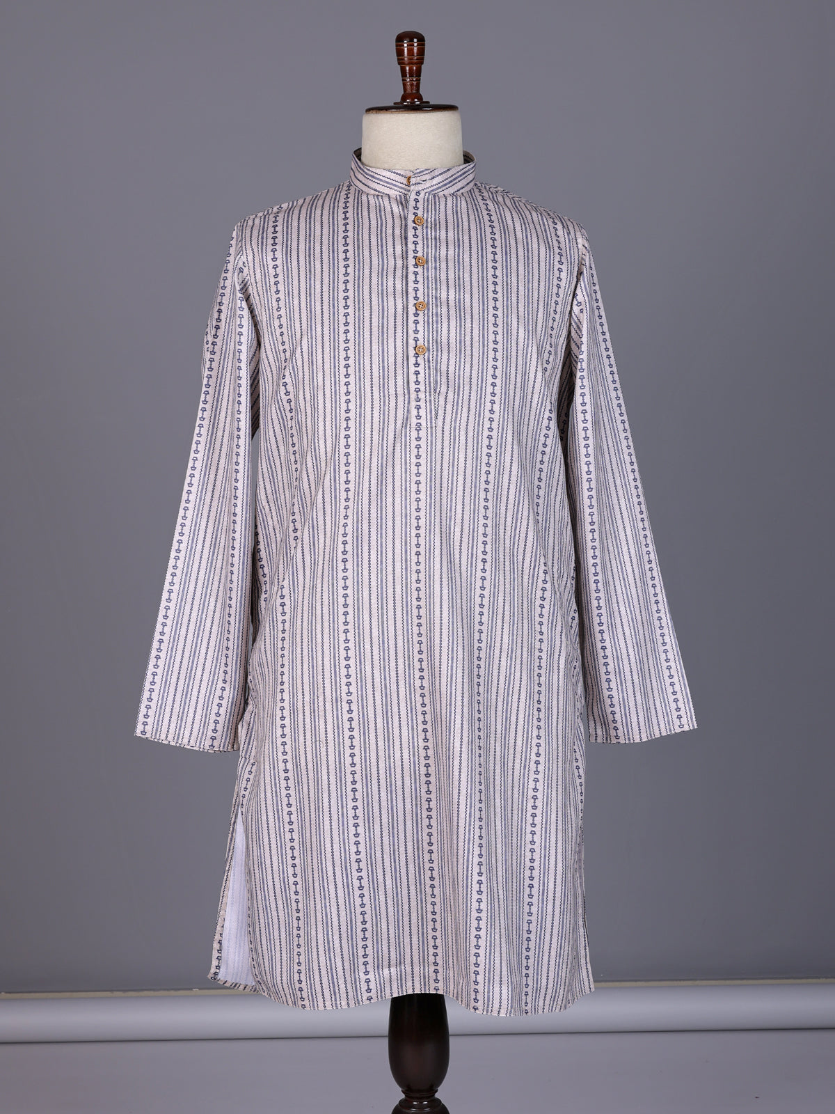 Beige striped cotton silk blend kurta suit with mandarin collar