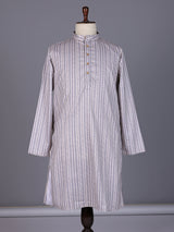 Beige striped cotton silk blend kurta suit with mandarin collar