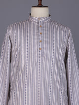Beige striped cotton silk blend kurta suit with mandarin collar