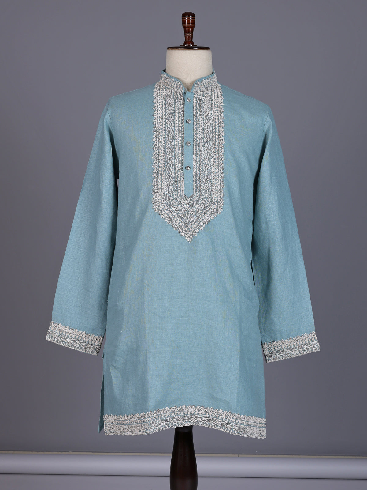 Sky blue cotton silk blend kurta suit with white detailing