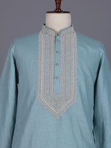Sky blue cotton silk blend kurta suit with white detailing