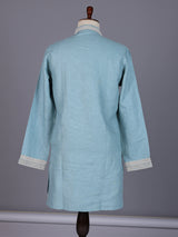 Sky blue cotton silk blend kurta suit with white detailing