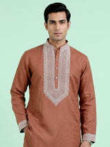 Deep peach cotton silk blend kurta suit with white thread