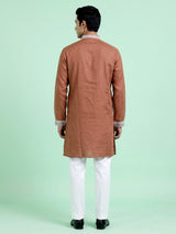 Deep peach cotton silk blend kurta suit with white thread