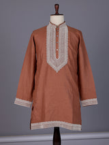 Deep peach cotton silk blend kurta suit with white thread